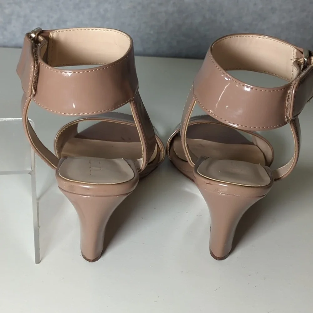Nine West Riley Nude Patent ‎ Wedge Heels Dress Sandals Ankle Strap Neutral 8.5M